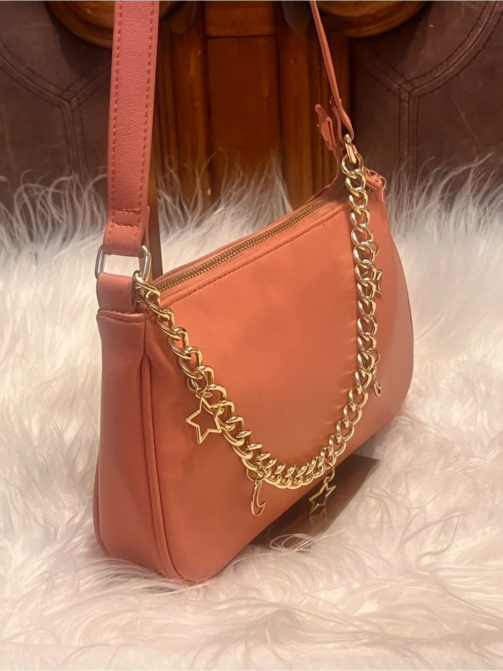 wild fable Coral Shoulder Bag with Gold Star & Moon Charm Chain